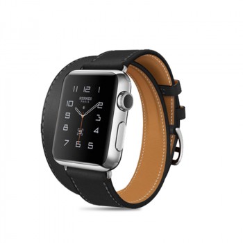 Кожаный прошитый удлиненный ремешок-браслет (нат. кожа) с металлическим коннектором и стальной пряжкой для Apple Watch 38мм Черный