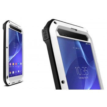 Антиударный пылевлагозащищенный гибридный премиум чехол силикон/металл/закаленное стекло для Sony Xperia T2 Ultra (Dual) Белый