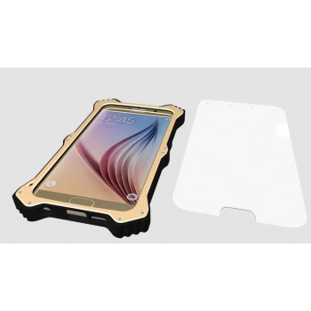 Антиударный пылевлагозащищенный гибридный премиум чехол силикон/металл/закаленное стекло со съёмной крышкой с окном вызова и свайпом для Samsung Galaxy S6 Edge Plus Бежевый