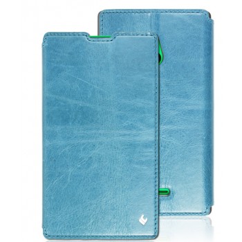 Кожаный чехол горизонтальная книжка (нат. вощеная кожа) подставка на пластиковой основе для Nokia XL Синий