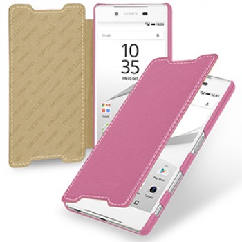 Кожаный чехол горизонтальная книжка (нат. кожа) для Sony Xperia Z5 Розовый