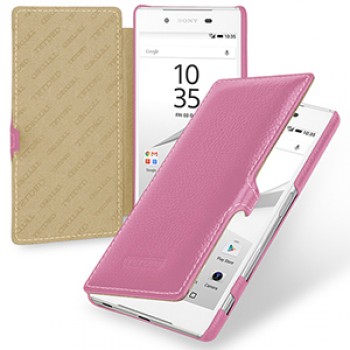 Кожаный чехол горизонтальная книжка (нат. кожа) с крепежной застежкой для Sony Xperia Z5 Розовый