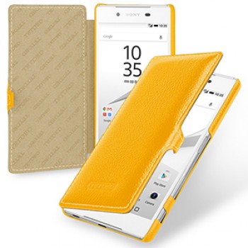 Кожаный чехол горизонтальная книжка (нат. кожа) с крепежной застежкой для Sony Xperia Z5 Желтый