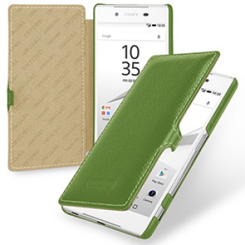 Кожаный чехол горизонтальная книжка (нат. кожа) с крепежной застежкой для Sony Xperia Z5 Зеленый