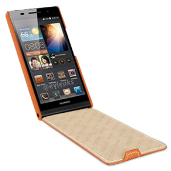 Кожаный чехол вертикальная книжка (нат. кожа) для Huawei Ascend P6 Оранжевый