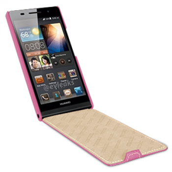 Кожаный чехол вертикальная книжка (нат. кожа) для Huawei Ascend P6 Розовый