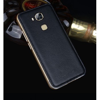 Двухкомпонентный чехол с металлическим бампером и кожаной накладкой (нат. кожа) для Huawei G8 Черный