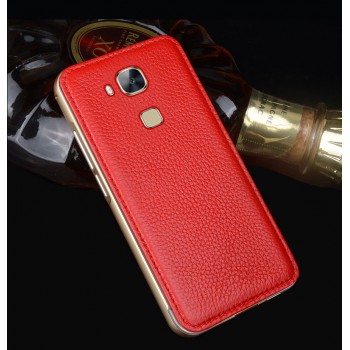 Двухкомпонентный чехол с металлическим бампером и кожаной накладкой (нат. кожа) для Huawei G8 Красный