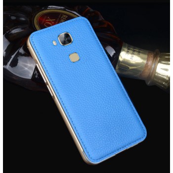 Двухкомпонентный чехол с металлическим бампером и кожаной накладкой (нат. кожа) для Huawei G8 Голубой