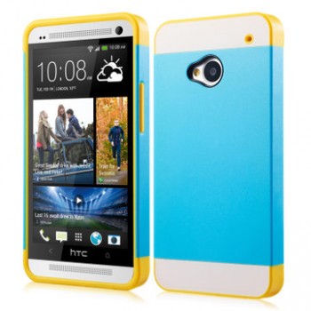 Двуцветный чехол силикон-пластик для HTC One (M7) Dual SIM желт-голуб