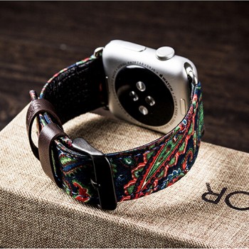 Гибридный дизайнерский ремешок нат. кожа/ткань ручной работы с металлическим коннектором для Apple Watch 42мм 
