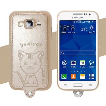 Силиконовый матовый непрозрачный чехол с кожаным покрытием и принтом Кот для Samsung Galaxy Core Prime Бежевый