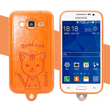 Силиконовый матовый непрозрачный чехол с кожаным покрытием и принтом Кот для Samsung Galaxy Core Prime Оранжевый