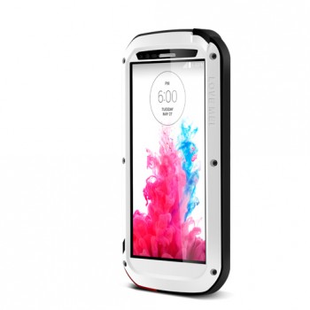 Антиударный пылевлагозащищенный гибридный премиум чехол силикон/металл/закаленное стекло для LG G3 (Dual-LTE) Белый