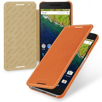 Кожаный чехол горизонтальная книжка (нат. кожа) для Google Huawei Nexus 6P Оранжевый