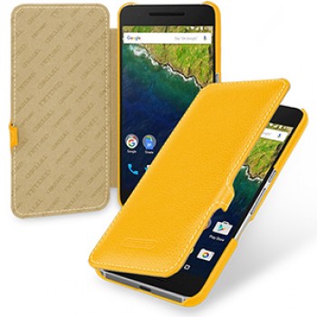 Кожаный чехол горизонтальная книжка (нат. кожа) с крепежной застежкой для Google Huawei Nexus 6P Желтый
