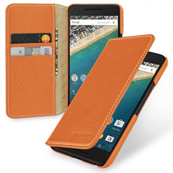 Кожаный чехол портмоне (нат. кожа) на кожаной основе для Google LG Nexus 5X Оранжевый