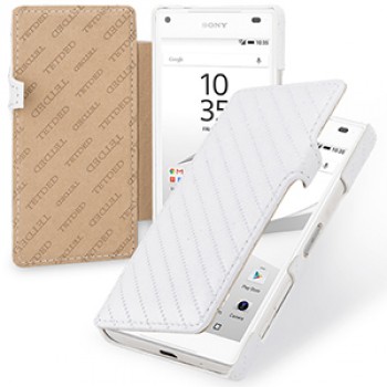 Эксклюзивный прошитый кожаный чехол горизонтальная книжка (нат. кожа) с крепежной застежкой для Sony Xperia Z5 Compact Белый
