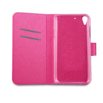 Чехол флип подставка на пластиковой основе с магнитной застежкой с отделением для карт текстура Металлик для HTC Desire 728 Розовый