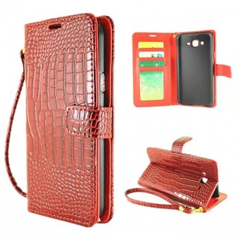 Чехол портмоне подставка текстура Крокодил на пластиковой основе на магнитной защелке для Samsung Galaxy J5 Красный