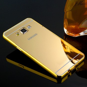 Двухкомпонентный чехол с металлическим бампером и поликарбонатной накладкой с зеркальным покрытием для Samsung Galaxy J5 Бежевый