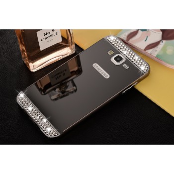 Двухкомпонентный чехол с металлическим бампером и поликарбонатной накладкой с зеркальным покрытием и стразами для Samsung Galaxy J5