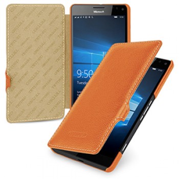 Кожаный чехол горизонтальная книжка (нат. кожа) с крепежной застежкой для Microsoft Lumia 950 XL Оранжевый