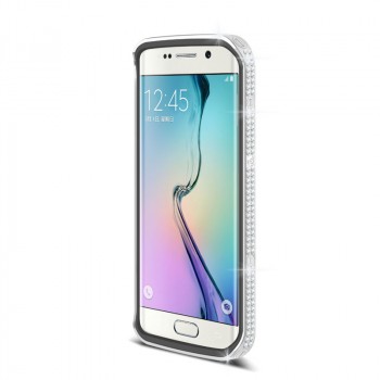 Дизайнерский металлический бампер с инкрустацией стразами и магнитным съемным флипом подставкой с окном вызова и свайпом для Samsung Galaxy S6 Edge Белый