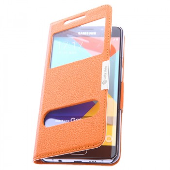 Кожаный чехол флип подставка на пластиковой основе с окном вызова и свайпом для Samsung Galaxy A7 (2016) Оранжевый