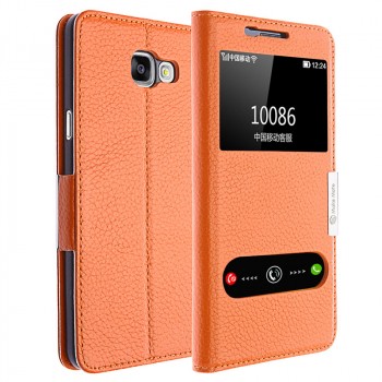 Кожаный чехол флип подставка на пластиковой основе с окном вызова и свайпом для Samsung Galaxy A5 (2016) Оранжевый