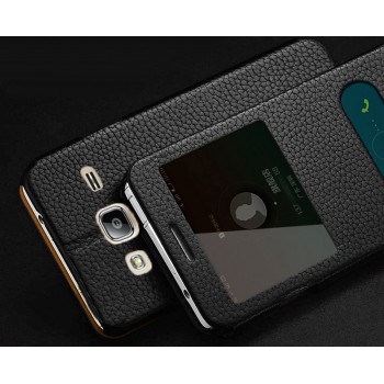 Кожаный чехол флип подставка на пластиковой основе с окном вызова и свайпом для Samsung Galaxy J3 (2016) Черный