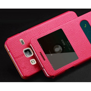 Кожаный чехол флип подставка на пластиковой основе с окном вызова и свайпом для Samsung Galaxy J3 (2016) Розовый