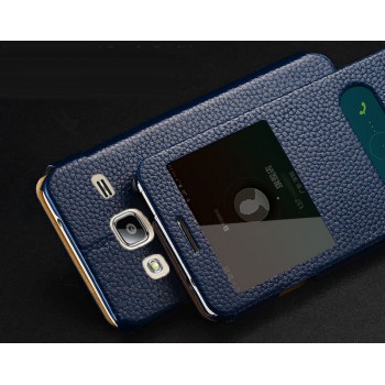 Кожаный чехол флип подставка на пластиковой основе с окном вызова и свайпом для Samsung Galaxy J3 (2016) Синий