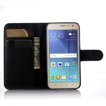 Чехол портмоне подставка на силиконовой основе с отсеком для карт на магнитной защелке для Samsung Galaxy J3 (2016) Черный