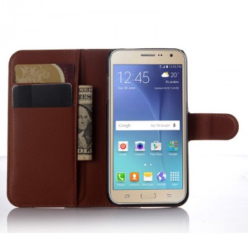 Чехол портмоне подставка на силиконовой основе с отсеком для карт на магнитной защелке для Samsung Galaxy J3 (2016) Коричневый