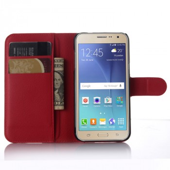 Чехол портмоне подставка на силиконовой основе с отсеком для карт на магнитной защелке для Samsung Galaxy J3 (2016) Красный