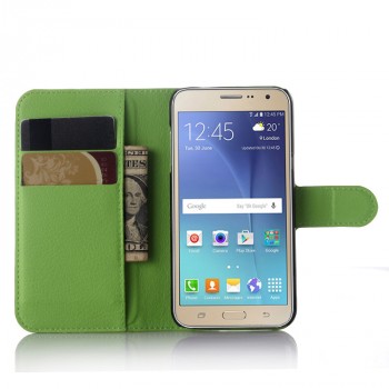 Чехол портмоне подставка на силиконовой основе с отсеком для карт на магнитной защелке для Samsung Galaxy J3 (2016) Зеленый