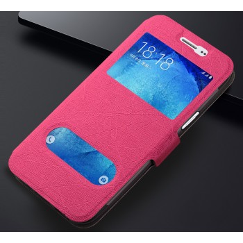Текстурный чехол флип подставка на силиконовой основе с окном вызова и свайпом для Samsung Galaxy J3 (2016) Розовый