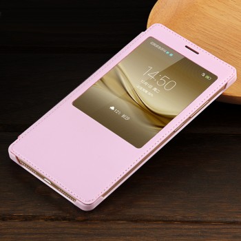 Чехол флип на пластиковой основе с окном вызова текстура Кожа для Huawei Mate 8 Розовый