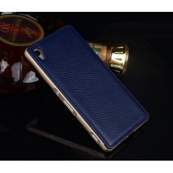 Двухкомпонентный гибридный чехол с металлическим бампером и кожаной накладкой для Sony Xperia Z5 Premium Синий