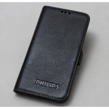 Кожаный чехол горизонтальная книжка на силиконовой основе (нат. кожа) для Philips V387 Xenium Черный