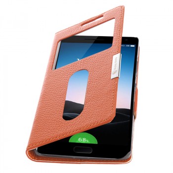 Кожаный чехол флип подставка на пластиковой основе с окном вызова и свайпом  для OnePlus 2 Оранжевый