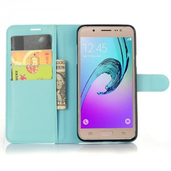 Чехол портмоне подставка для Samsung Galaxy J7 (2016) с магнитной защелкой и отделениями для карт Голубой