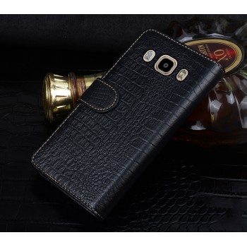 Кожаный чехол портмоне (нат. кожа крокодила) с магнитной защелкой для Samsung Galaxy J7 (2016) Черный