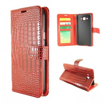 Чехол портмоне подставка текстура Крокодил на пластиковой основе на магнитной защелке для Samsung Galaxy J7 Красный