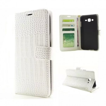 Чехол портмоне подставка текстура Крокодил на пластиковой основе на магнитной защелке для Samsung Galaxy J7 Белый