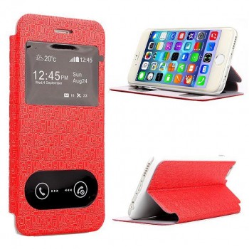 Чехол флип подставка на пластиковой основе с окном вызова и свайпом текстурный Тетрис для Iphone 6 Plus Красный