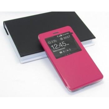 Чехол горизонтальная книжка подставка на силиконовой основе с окном вызова для Highscreen Power Five Розовый