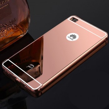 Двухкомпонентный чехол с металлическим бампером и поликарбонатной зеркальной накладкой для Huawei P8 Розовый