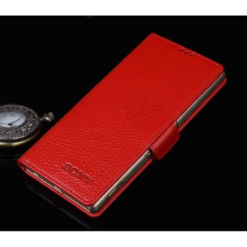 Кожаный чехол горизонтальная книжка (нат. кожа) с крепежной застежкой для Sony Xperia M5 Красный